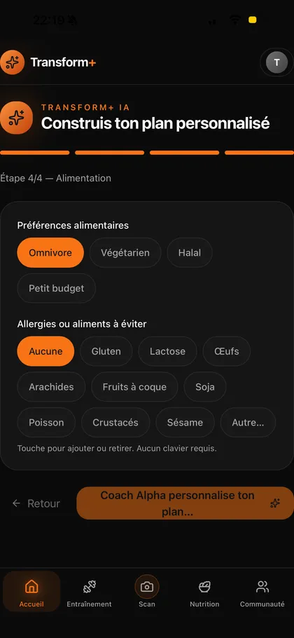 Écran de création du plan personnalisé